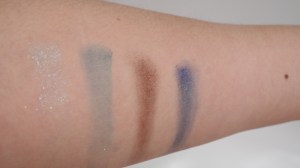 L to R: Pearly Pale blue, Matte Teal Blue, Pearly Dark Bronze, Deep Cobalt Blue